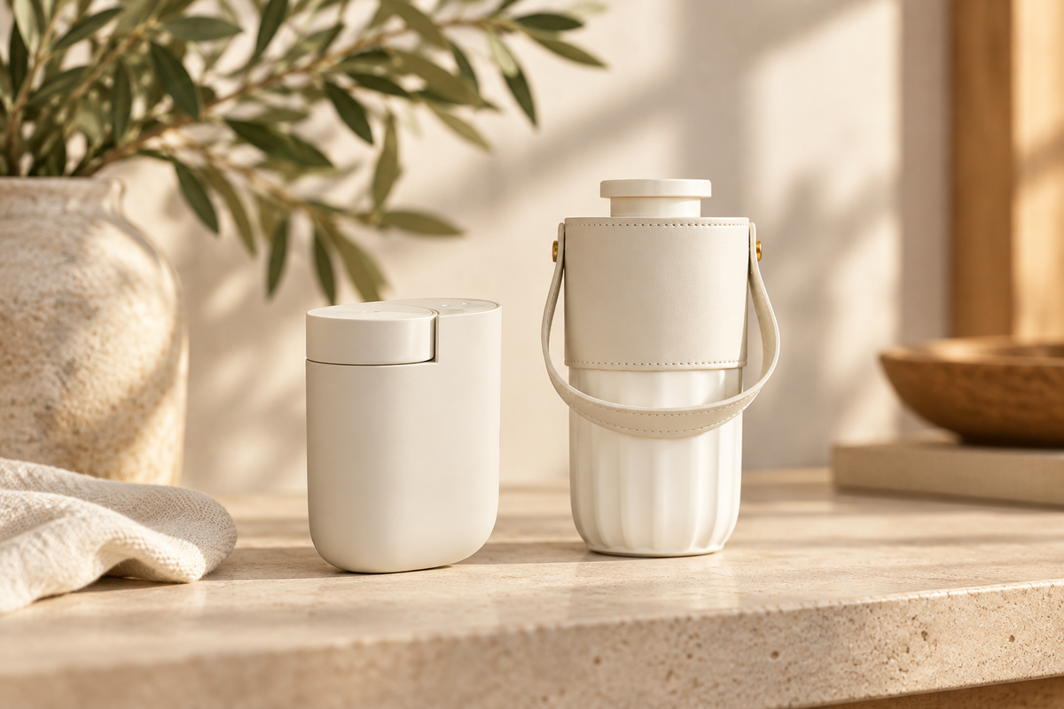 Fresh Aire Plug-In and Car diffusers in cream, styled together on a sunlit stone console.